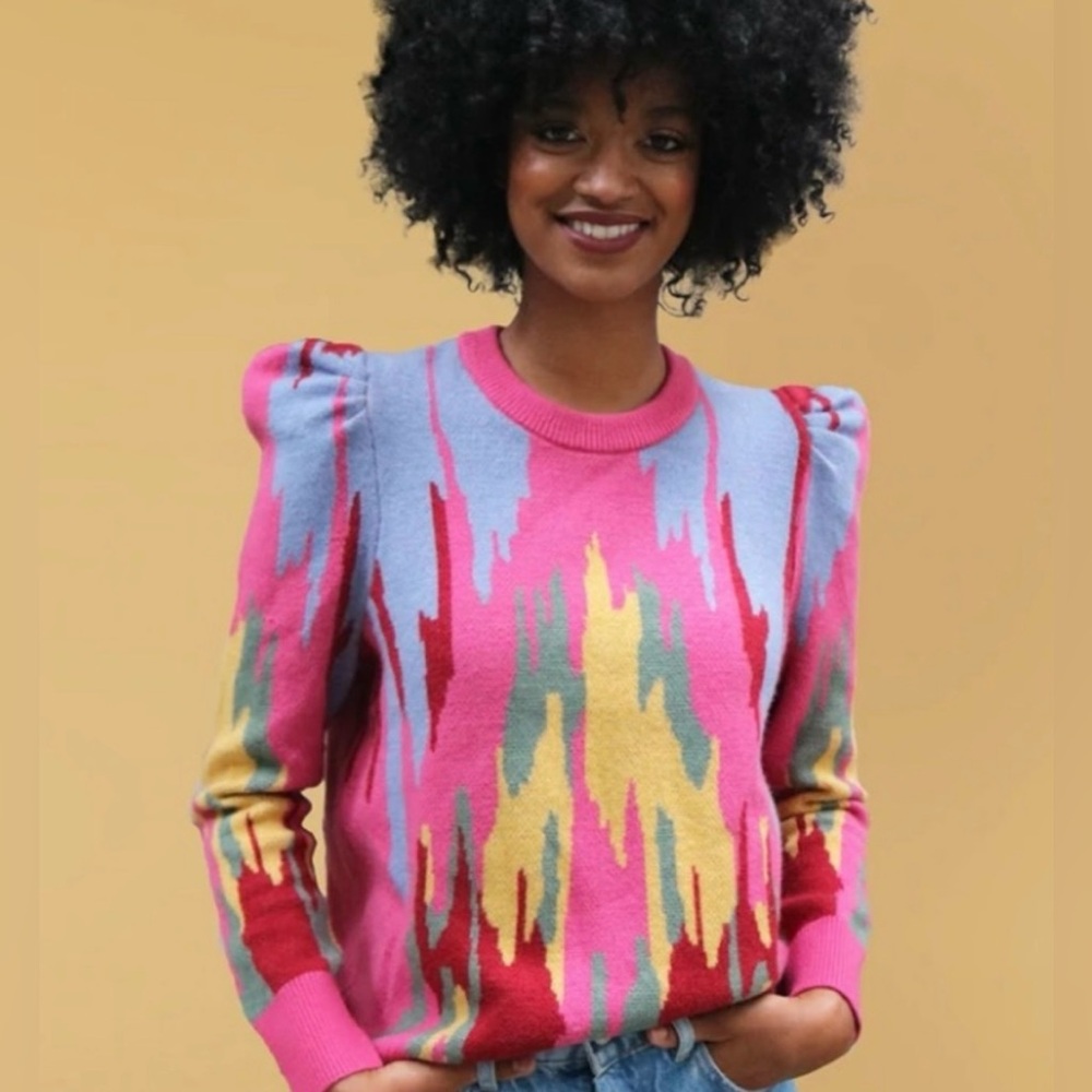CROSBY by Mollie Burch Pink Multi-Color Patterned Puff Shoulder Sweater